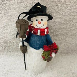 EUC Snowman Ornament, Holding Broom & Wreath, Red-White-Blue, Xmas, 3 1/2" T